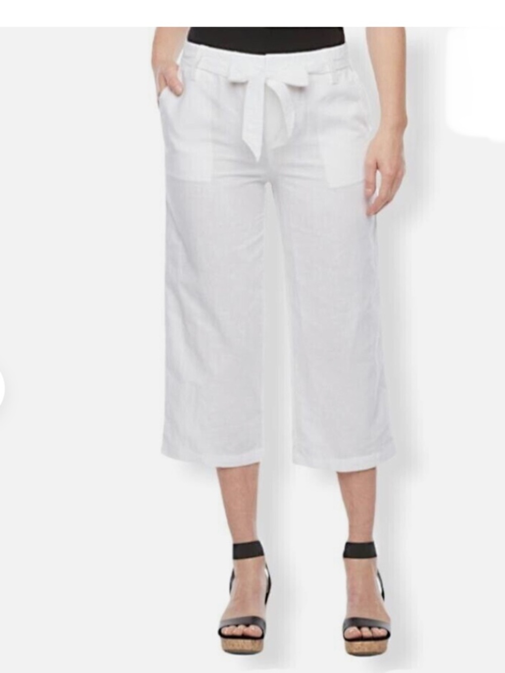 NWT Liz Claiborne Linen Cotton Blend White Crop Capri Sash Tie Pockets Pant